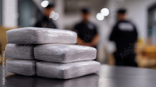 Stack of seized drug packages on table with blurred police officers in background, symbolizing crime investigation and law enforcement.