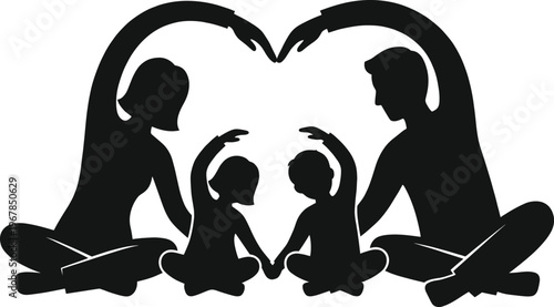 Happy family silhouette with parents and children forming heart shape, flat vector illustration for love, parenting care, bonding and family relationship concept