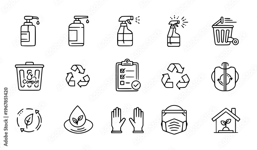 Fototapeta premium Sanitation Line Icons Collection with Hygiene Cleaning Disinfection Waste Management and Safety Symbols Vector Set