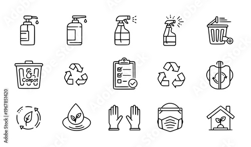 Sanitation Line Icons Collection with Hygiene Cleaning Disinfection Waste Management and Safety Symbols Vector Set