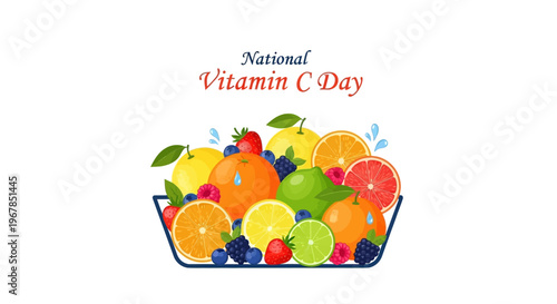 Illustration of a bowl of fresh fruits for National Vitamin C Day, highlighting vitamin C awareness and healthy eating concepts with a colorful arrangement of citrus fruits and berries on a
