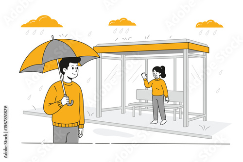 Obraz na plátně Man with Umbrella Picking Up Woman at Bus Stop