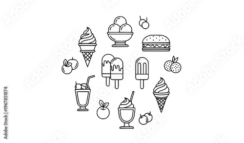 Ice Cream Line Icons Collection with Soft Serve Milkshake Popsicle and Frozen Dessert Symbols Vector Set