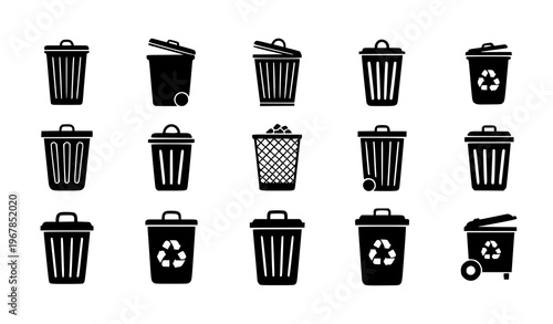 Trash can icon set black garbage bin silhouette vector illustration isolated on white