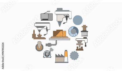 Milling Machine Line Icons Collection with CNC Equipment Precision Machining and Industrial Automation Symbols Vector