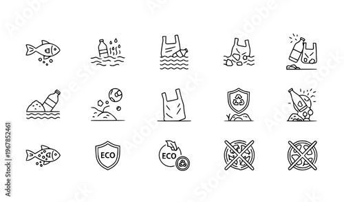 Microplastics Pollution Vector Outline Icons with Ocean Plastic Fish Contamination and Environmental Crisis Symbols