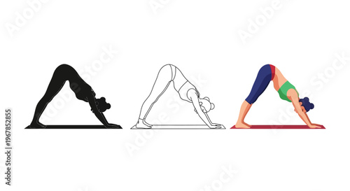 Collection of three distinct stylized representations showcasing a female figure executing the classic downward facing dog yoga posture on a mat