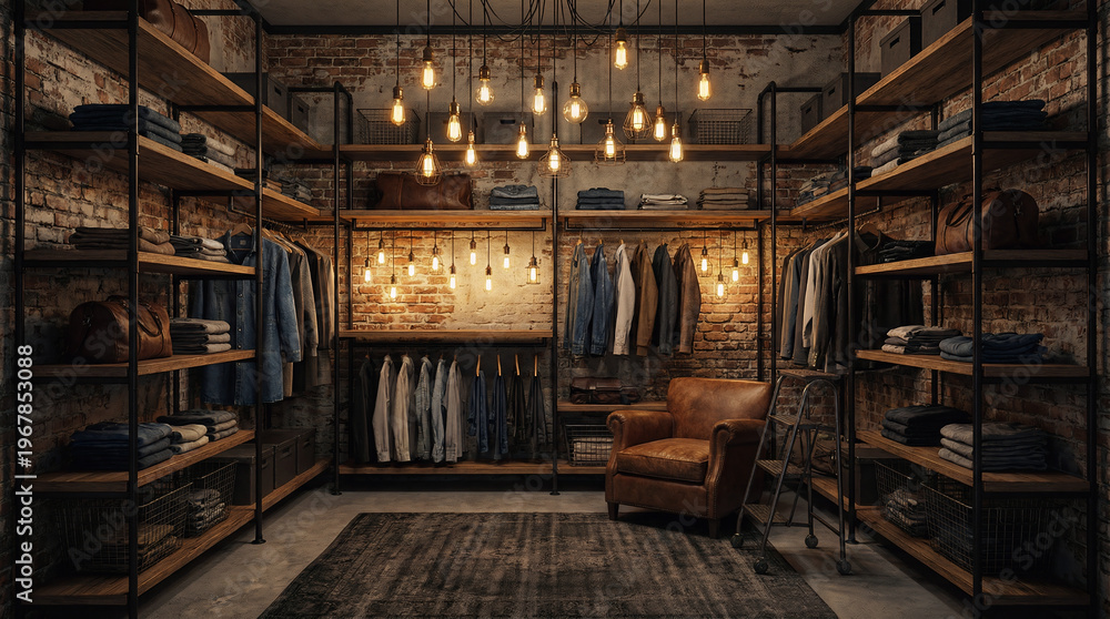 Fototapeta premium A well-organized walk-in closet with exposed brick walls and industrial-style lighting illuminating clothing racks and shelving