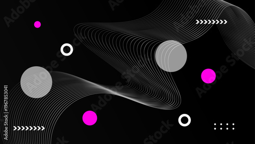 Elegant dark background with flowing white lines and vibrant pink dots