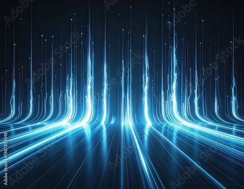 Digital Abstract Background with Glowing Light Waves and Bright Lines in Dark Environment