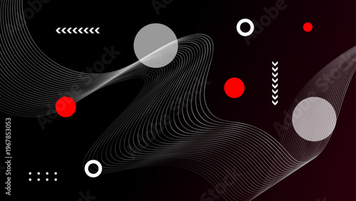 Dramatic black background with elegant white waves and red geometric shapes