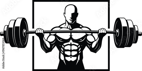 muscular man lifting barbell, strength training fitness concept, bodybuilding workout illustration, gym power exercise icon, weightlifting athlete vector, flat vector illustration