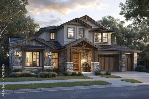 Modern house exterior stone facade with wooden door and garage, surrounded by trees and greenery, under cloudy sky at dusk with warm lighting