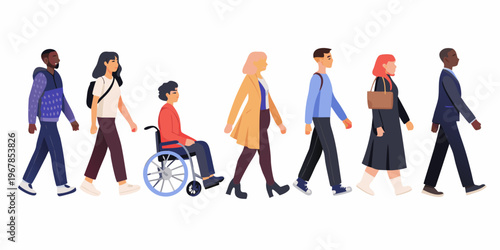 Diverse group of people walking in a line showcasing inclusivity