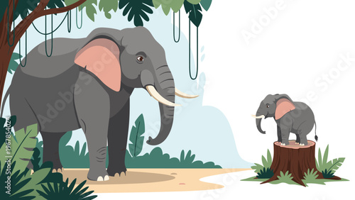 Large mother elephant watches over her small baby elephant standing on a tree stump in a lush tropical jungle filled with green plants and vines.