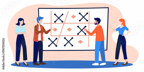 People collaborating around a large tic tac toe game board