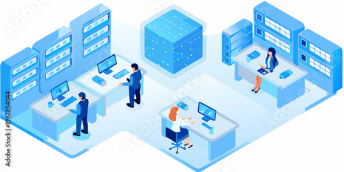 Isometric illustration of data center and office workers collaborating
