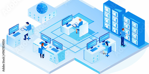 Isometric illustration depicting a modern data center with working professionals