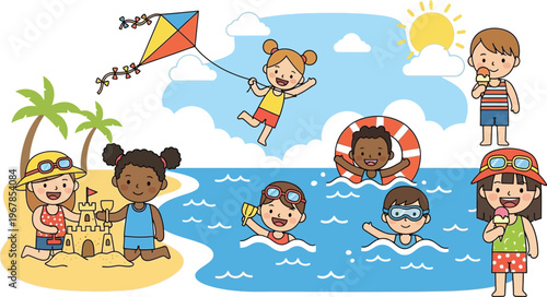 Funny cartoon illustration set of happy children, a baby, and a cat playing with a ball on the beach featuring a collection of sport characters and cute animal icons for a holiday fun drawing