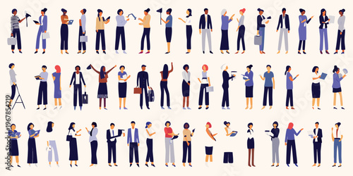 Diverse group of people standing in rows depicted in a modern illustration
