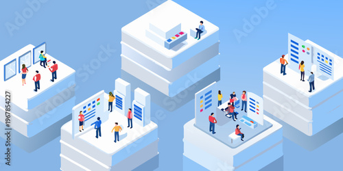 Isometric illustration of a modern business convention or technology expo