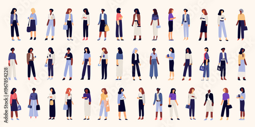 Diverse group of women in business attire standing in a linear arrangement