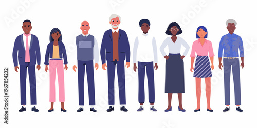 Diverse group of people standing together facing forward in a linear arrangement