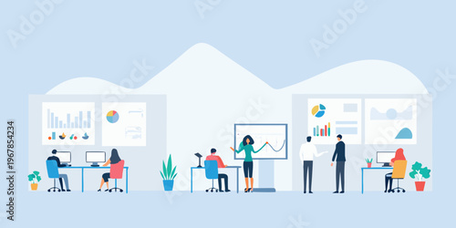 Modern office space with diverse team collaborating and analyzing data
