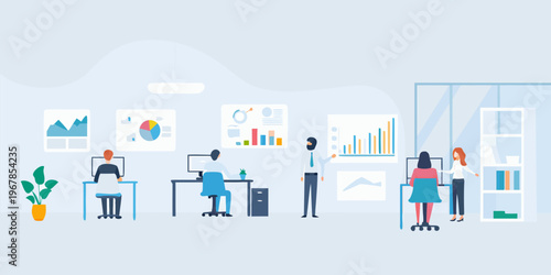 Team collaboration and data analysis in a modern office environment