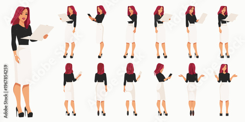 A series of poses depicting a businesswoman with red hair