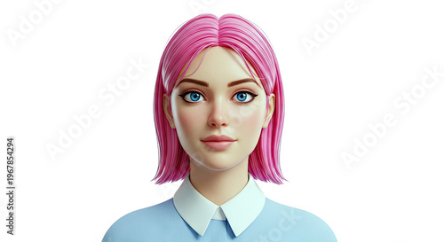 Stylized portrait of a young woman with vibrant pink hair