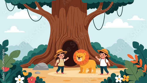 Two young explorers discover a friendly lion near a large hollow tree in a vibrant tropical jungle setting with colorful flowers and mountains.