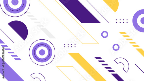 Dynamic purple and gold abstract background with bold geometric shapes and Memphis design elements for high impact