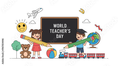 Cheerful school kids celebrate World Teacher Day with giant pencils, a blackboard, a globe, and various toys like a teddy bear and a toy train.