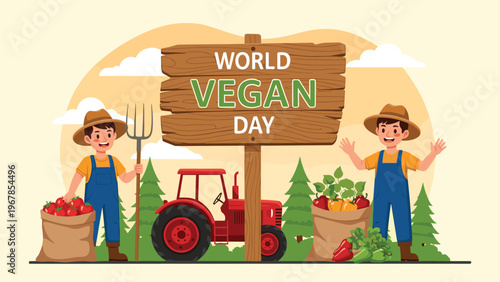 Happy farmers celebrate World Vegan Day in a field with a red tractor, baskets of fresh vegetables, and a wooden sign on a sunny day.