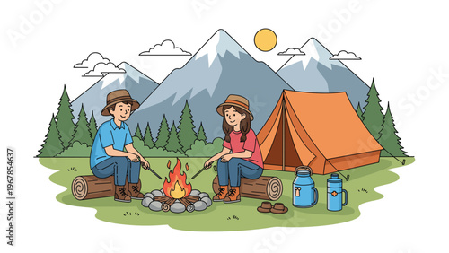 Man and woman sit on logs by a campfire roasting food near their orange tent in a mountainous forest landscape with snowy peaks at daytime.