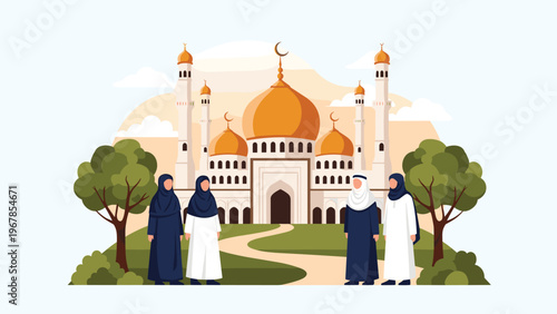 Muslim family of four stands in a garden in front of a beautiful white mosque with several golden domes under a bright sky with white clouds.
