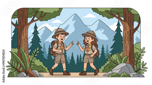 Two young scouts in uniform hike along a forest trail with backpacks in a beautiful mountain landscape with tall pine trees at daytime.