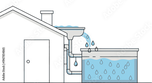 Rainwater harvesting system on house roof with storage tank flat vector illustration water conservation concept