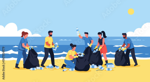 Volunteers cleaning plastic waste on beach flat vector illustration ocean pollution cleanup and environmental care concept