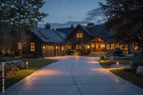 Modern countryside residence with illuminated windows and clean driveway at dusk, surrounded by trees and landscaped garden creating warm and inviting atmosphere