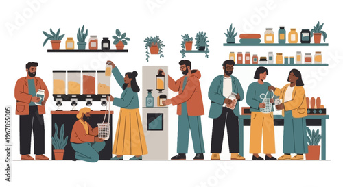 People shopping with reusable containers at zero waste refill store flat vector illustration sustainable lifestyle and eco friendly retail concept