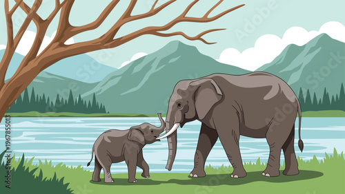 Mother elephant and her small calf stand by a calm blue river in a mountain landscape with tall green pine trees and white clouds above.