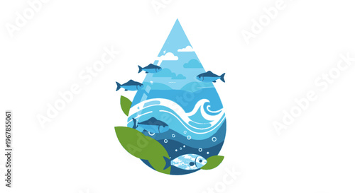 Water drop with fish and leaves flat vector illustration aquatic life conservation and clean water concept