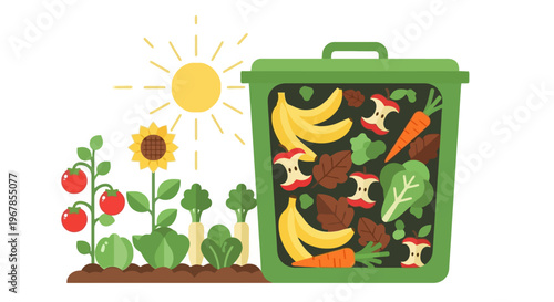 Compost bin with food scraps and garden plants flat vector illustration organic waste recycling and home composting concept