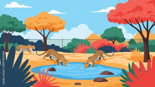 Three leopards visit a small blue waterhole in a colorful park with autumn trees and a distant mountain skyline under a blue sky with white clouds.