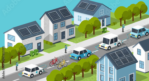 Sustainable neighborhood with solar powered homes electric cars charging stations and bicycles flat vector illustration