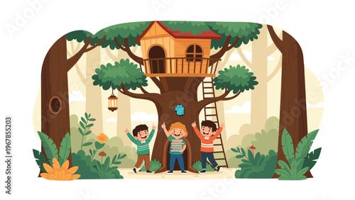 Three happy kids hold books and celebrate in front of a beautiful wooden treehouse in a dense green forest with colorful flowers and plants.