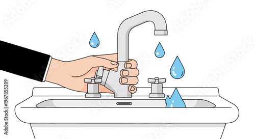 Hand turning off faucet over sink flat vector illustration water saving household conservation and eco care concept