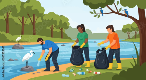 Volunteers cleaning riverbank plastic waste in natural habitat flat vector illustration environmental conservation concept